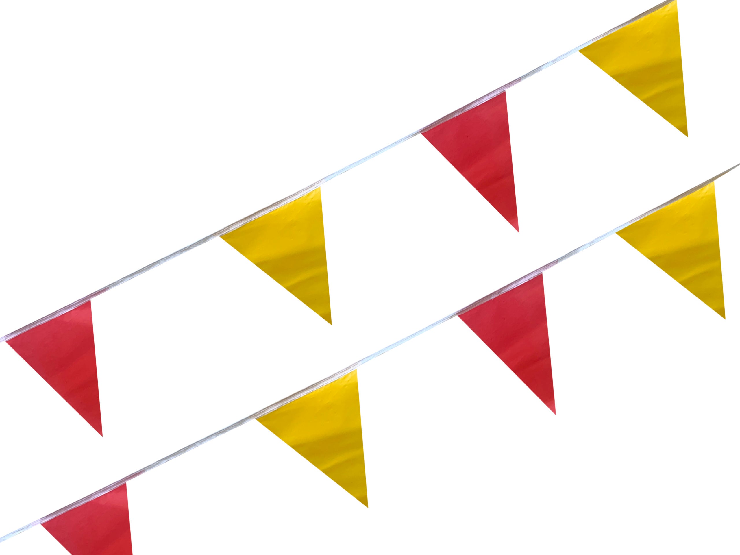 Tira de banderines triangulares intercalados rojo y amarillo con guía de rafia blanca, ideal para decoración de eventos, fiestas, exposiciones y más, apto para exteriores. Tira de banderines triangulares intercalados rojo y amarillo con guía de rafia blanca, ideal para decoración de eventos, fiestas, exposiciones y más, apto para exteriores.